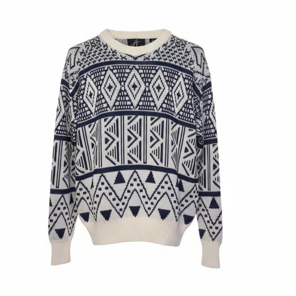 Vintage Anthonys Crew Neck Sweater‎ White Blue Geometric Aztec Print Medium